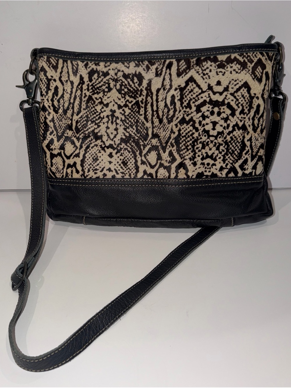 MYRA Bag Antiquated Black Leather & Hairon Bag Purse Snake Print Hair